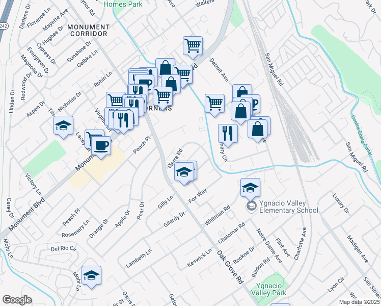 map of restaurants, bars, coffee shops, grocery stores, and more near 2036 Sierra Road in Concord