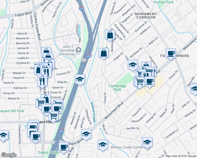 map of restaurants, bars, coffee shops, grocery stores, and more near 1174 Brookview Drive in Concord