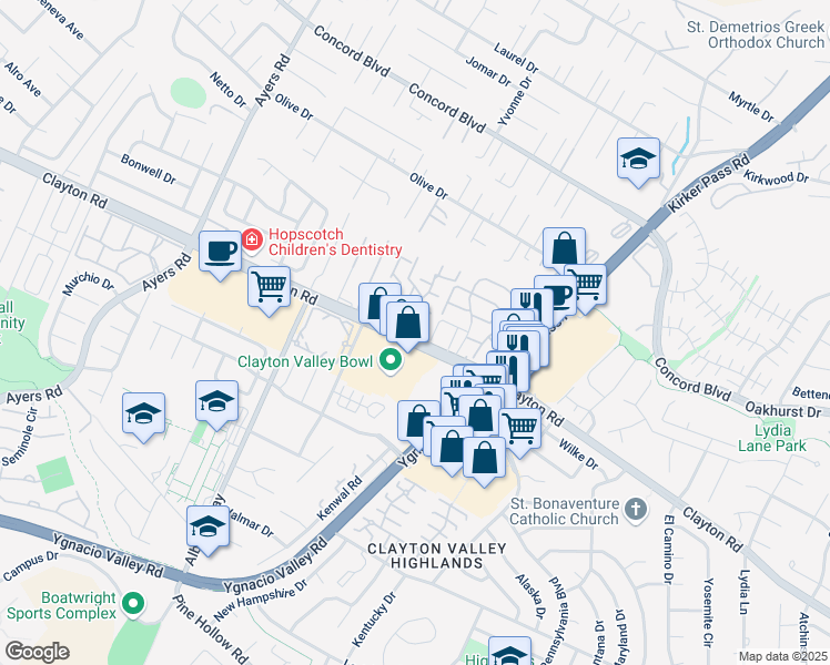 map of restaurants, bars, coffee shops, grocery stores, and more near 5356 Clayton Road in Concord