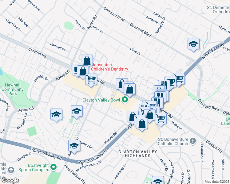 map of restaurants, bars, coffee shops, grocery stores, and more near 5294 Clayton Road in Concord