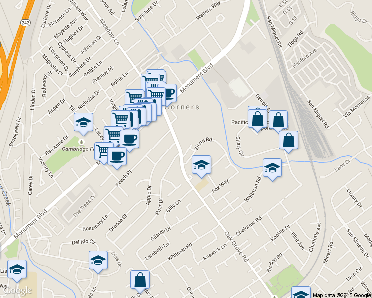 map of restaurants, bars, coffee shops, grocery stores, and more near 2005 Sierra Road in Concord