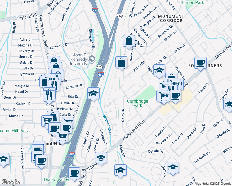 map of restaurants, bars, coffee shops, grocery stores, and more near 1174 Brookview Drive in Concord