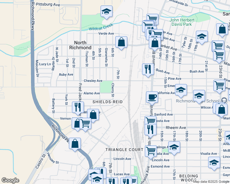 map of restaurants, bars, coffee shops, grocery stores, and more near 1357 Cherry Street in Richmond
