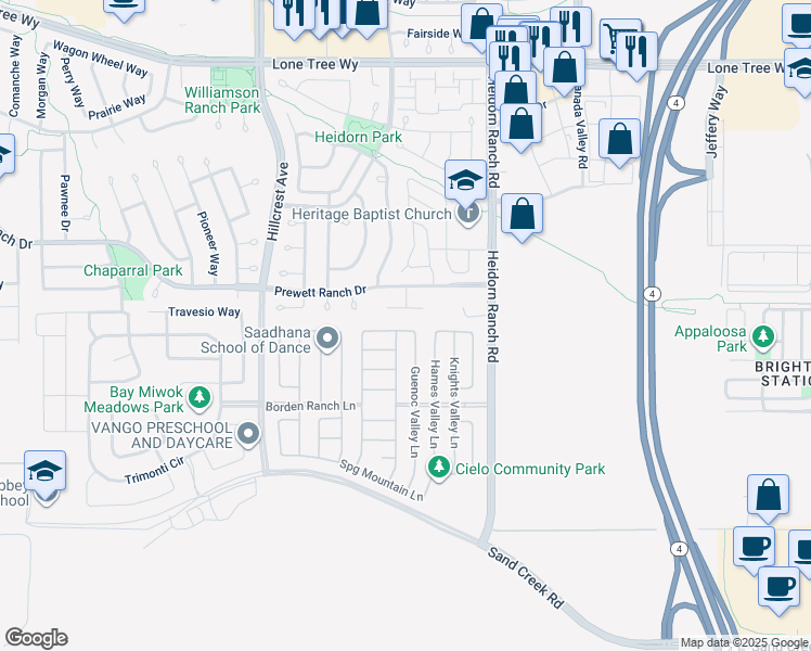 map of restaurants, bars, coffee shops, grocery stores, and more near 5611 Trinity Lakes Lane in Antioch