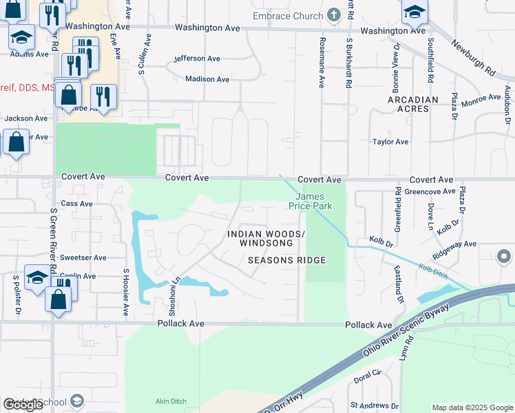 map of restaurants, bars, coffee shops, grocery stores, and more near 1717 Greencastle Drive in Evansville