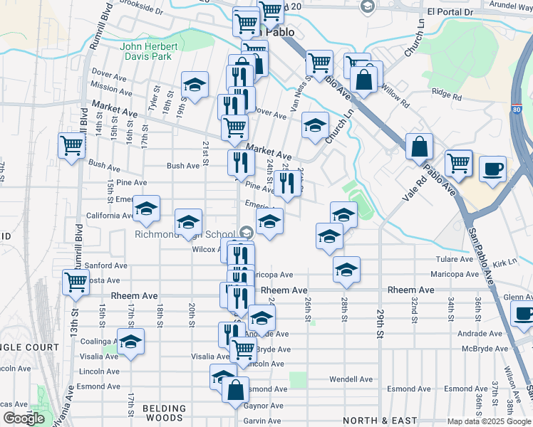 map of restaurants, bars, coffee shops, grocery stores, and more near 1337 24th Street in Richmond