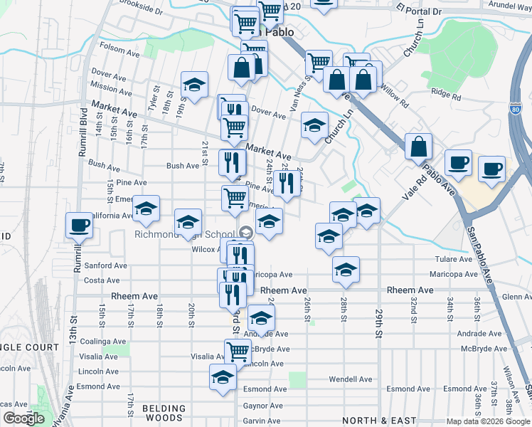 map of restaurants, bars, coffee shops, grocery stores, and more near 1337 24th Street in Richmond