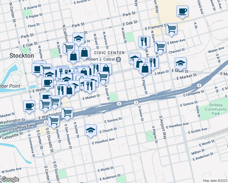 map of restaurants, bars, coffee shops, grocery stores, and more near 839 East Market Street in Stockton