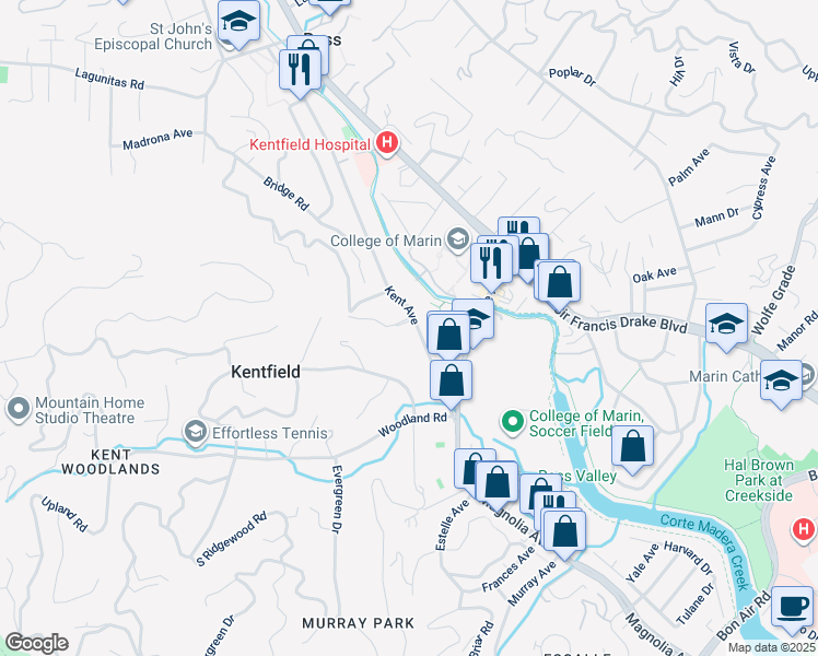 map of restaurants, bars, coffee shops, grocery stores, and more near 121 Kent Avenue in Kentfield