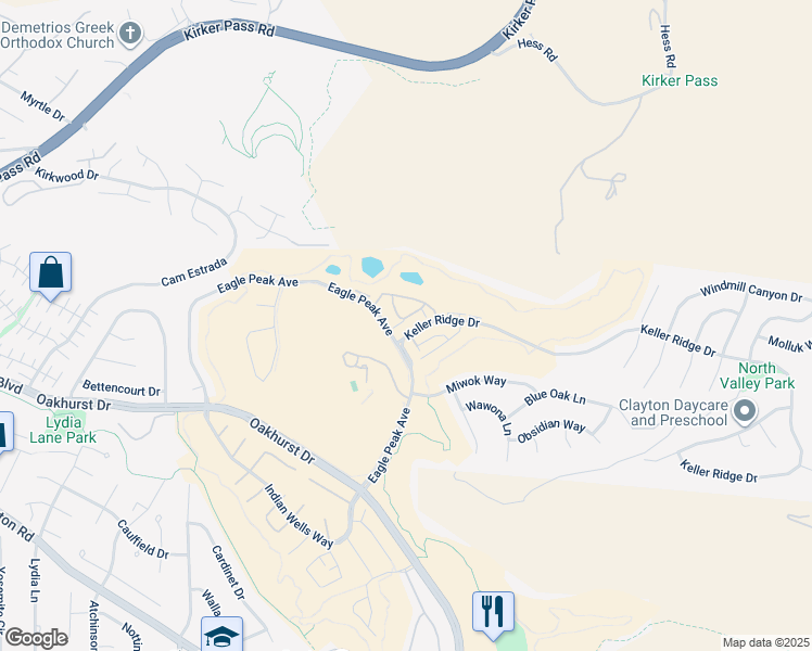 map of restaurants, bars, coffee shops, grocery stores, and more near 3203 Coyote Circle in Clayton