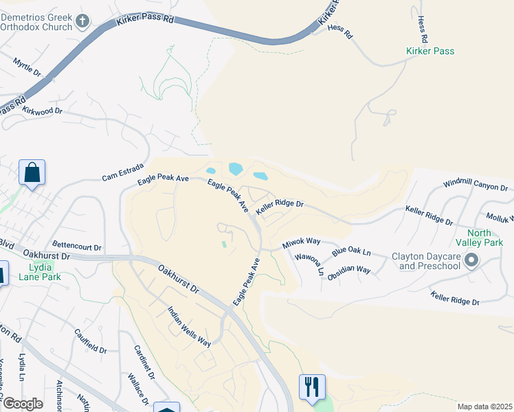 map of restaurants, bars, coffee shops, grocery stores, and more near 3203 Coyote Circle in Clayton