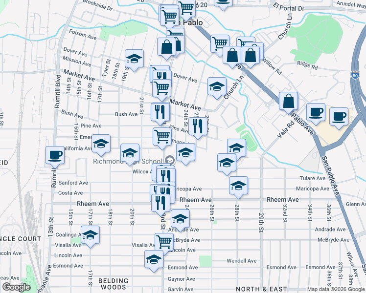 map of restaurants, bars, coffee shops, grocery stores, and more near 1337 24th Street in Richmond