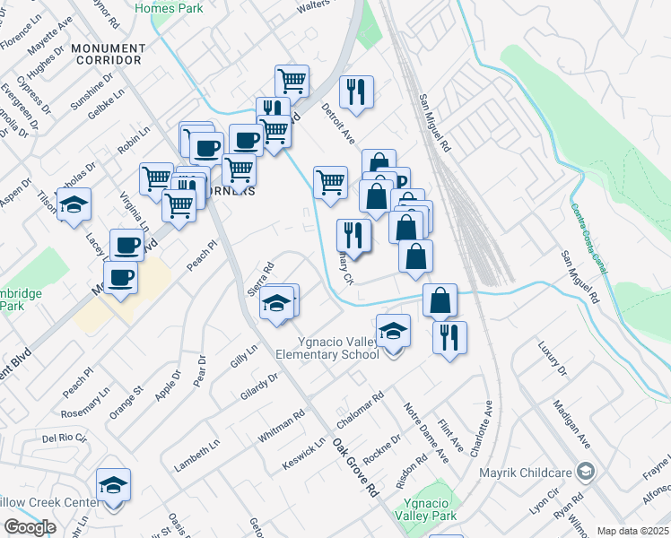 map of restaurants, bars, coffee shops, grocery stores, and more near 1049 Shary Circle in Concord