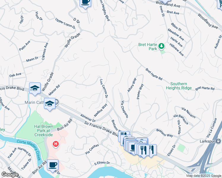 map of restaurants, bars, coffee shops, grocery stores, and more near 255 North Almenar Drive in Kentfield