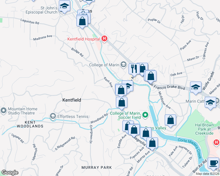 map of restaurants, bars, coffee shops, grocery stores, and more near 131 Kent Avenue in Kentfield