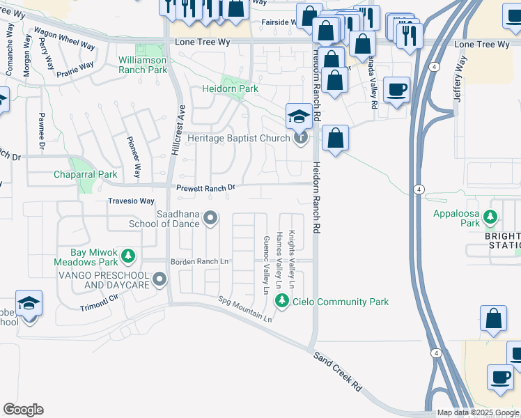 map of restaurants, bars, coffee shops, grocery stores, and more near 5611 Trinity Lakes Lane in Antioch