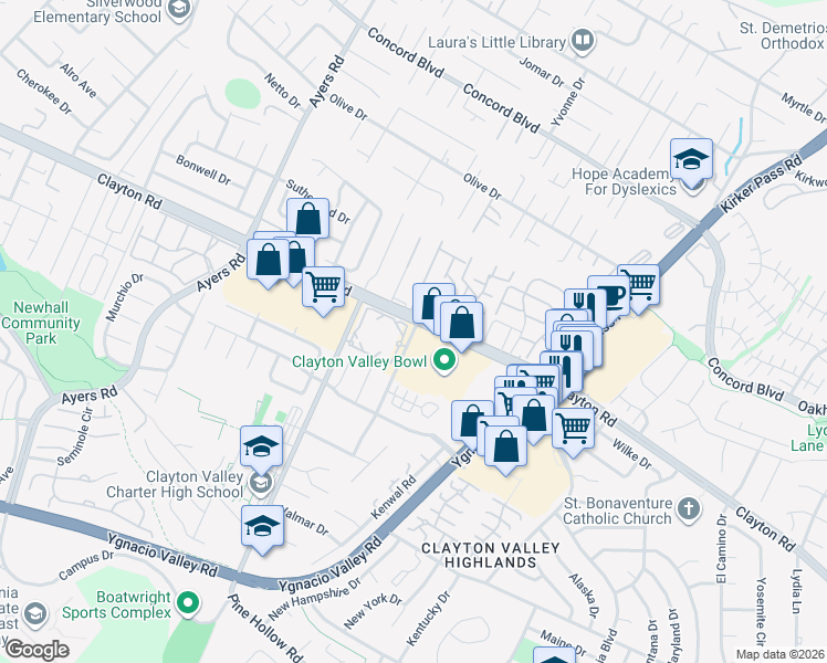 map of restaurants, bars, coffee shops, grocery stores, and more near 1447 Balhan Drive in Concord