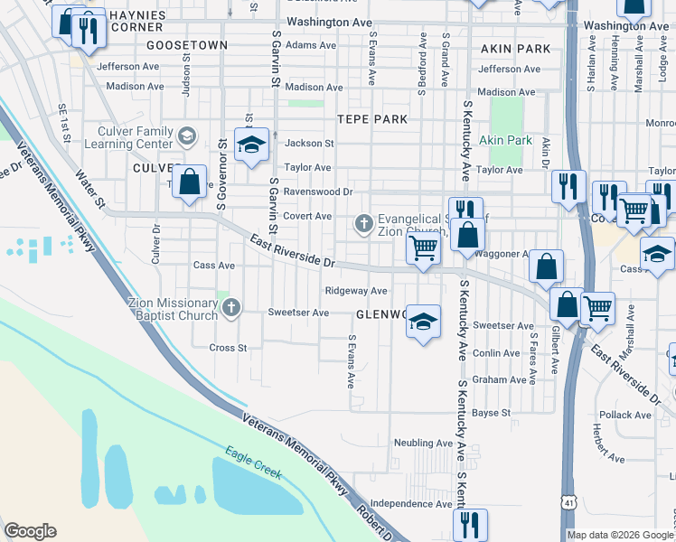 map of restaurants, bars, coffee shops, grocery stores, and more near 730 Ridgeway Avenue in Evansville