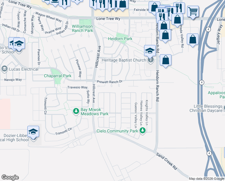 map of restaurants, bars, coffee shops, grocery stores, and more near 5313 Capay Valley Lane in Antioch