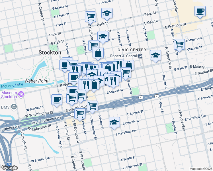 map of restaurants, bars, coffee shops, grocery stores, and more near 521 East Market Street in Stockton