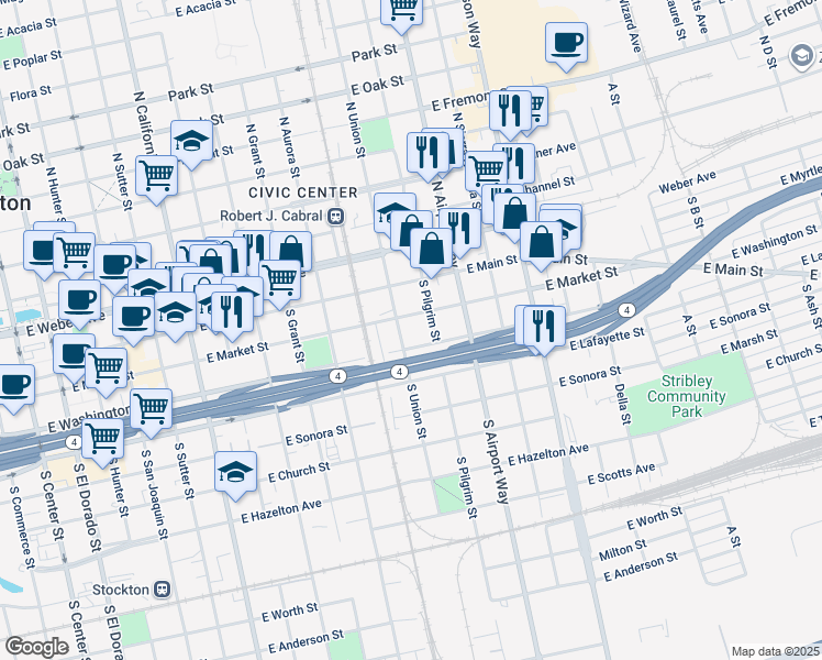 map of restaurants, bars, coffee shops, grocery stores, and more near 211 South Union Street in Stockton
