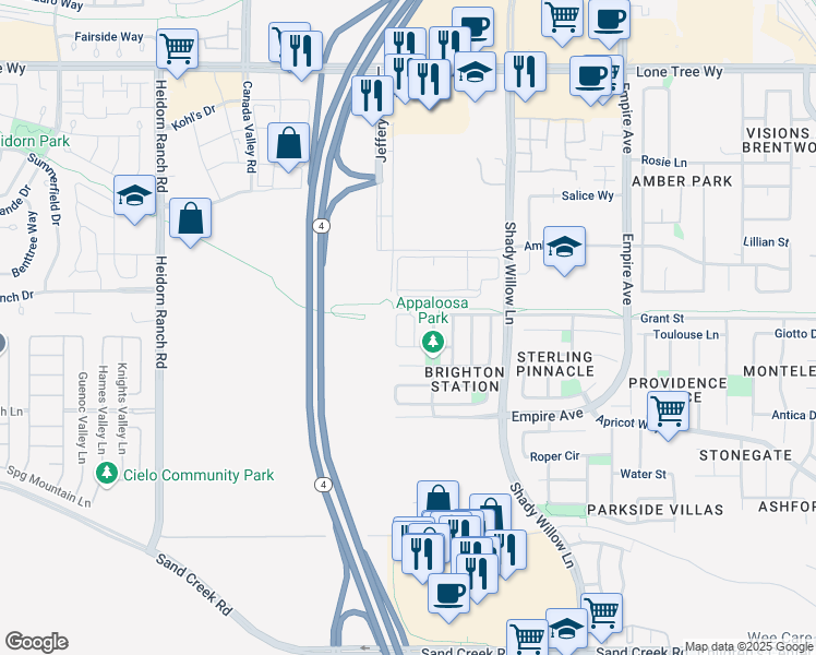 map of restaurants, bars, coffee shops, grocery stores, and more near 1927 Cedar Falls Avenue in Brentwood