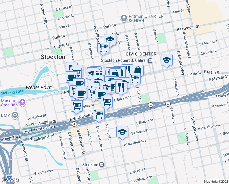 map of restaurants, bars, coffee shops, grocery stores, and more near 521 East Market Street in Stockton
