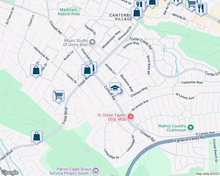 map of restaurants, bars, coffee shops, grocery stores, and more near 4317 Cowell Road in Concord