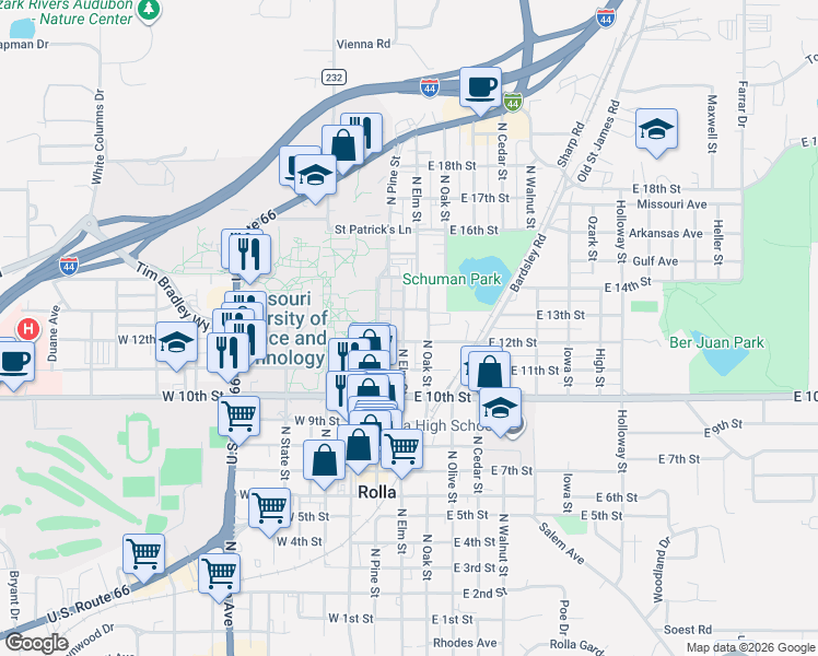 map of restaurants, bars, coffee shops, grocery stores, and more near 1204 North Elm Street in Rolla