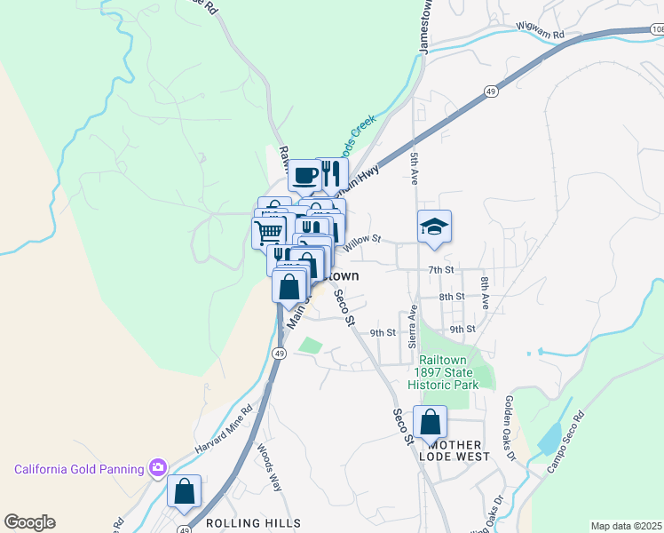 map of restaurants, bars, coffee shops, grocery stores, and more near 18189 Seco Street in Jamestown
