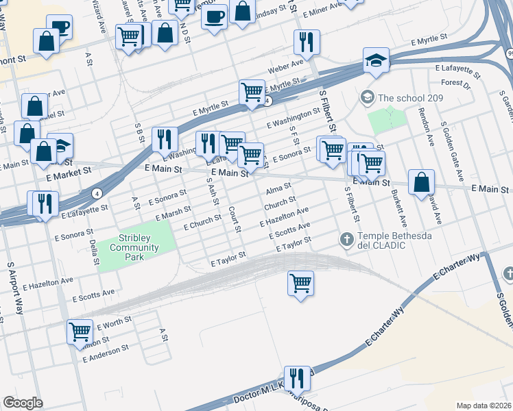 map of restaurants, bars, coffee shops, grocery stores, and more near 519 South Mc Donell Avenue in Stockton