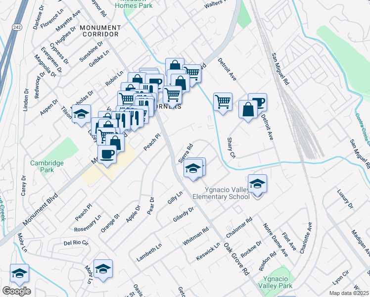 map of restaurants, bars, coffee shops, grocery stores, and more near 2005 Sierra Road in Concord