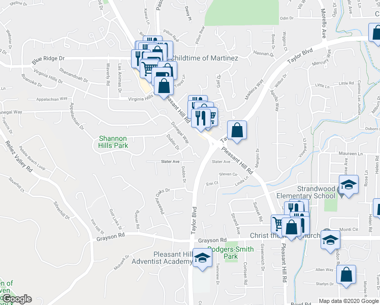 map of restaurants, bars, coffee shops, grocery stores, and more near 14 Donegal Court in Pleasant Hill