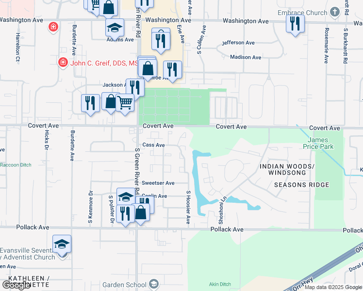 map of restaurants, bars, coffee shops, grocery stores, and more near 1700-1710 S Hoosier Ave in Evansville