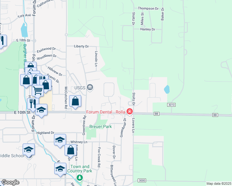 map of restaurants, bars, coffee shops, grocery stores, and more near 1408 Condo Drive in Rolla