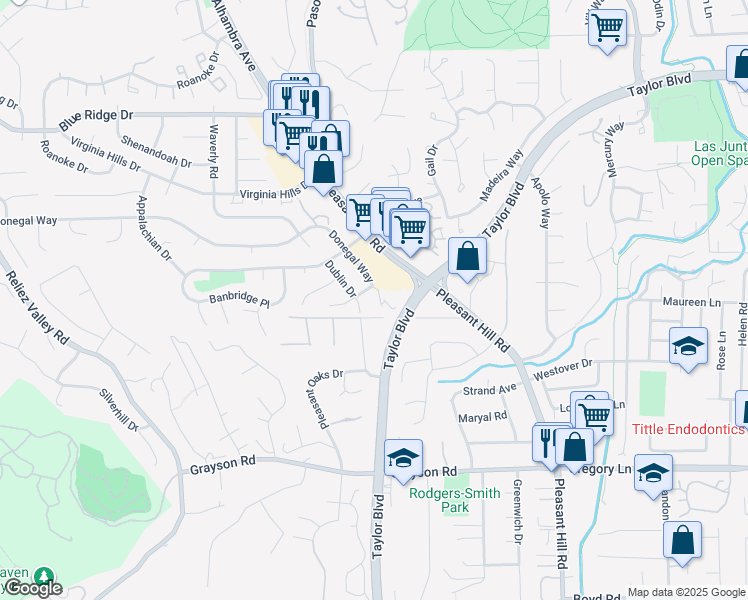 map of restaurants, bars, coffee shops, grocery stores, and more near 7 Donegal Court in Pleasant Hill