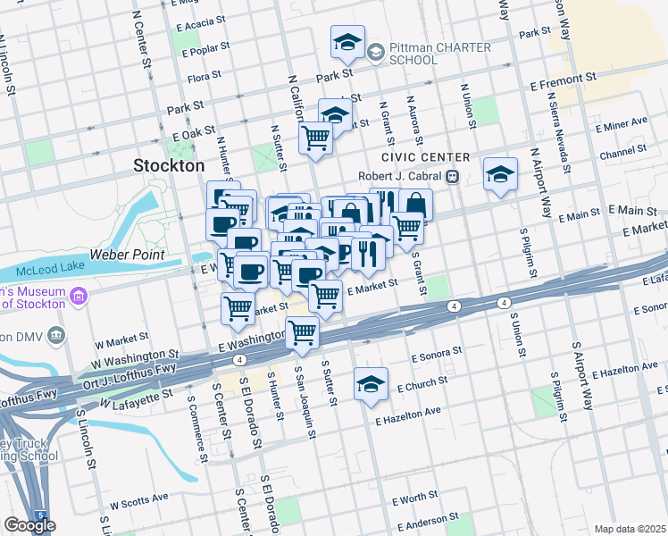 map of restaurants, bars, coffee shops, grocery stores, and more near 0 North California Street in Stockton