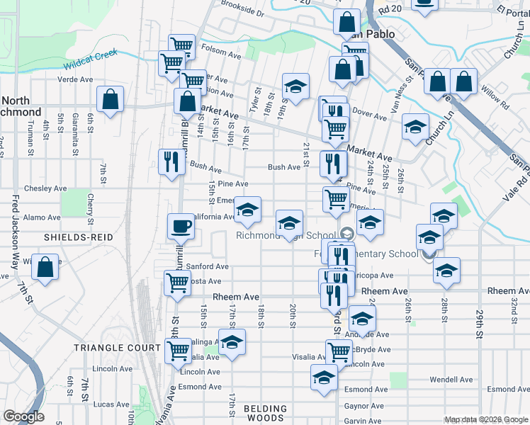 map of restaurants, bars, coffee shops, grocery stores, and more near 1753 California Avenue in San Pablo