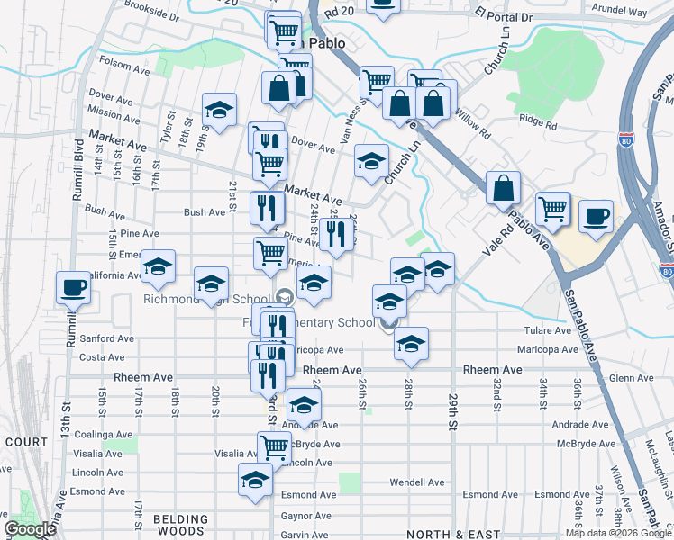 map of restaurants, bars, coffee shops, grocery stores, and more near 1402 25th Street in Richmond