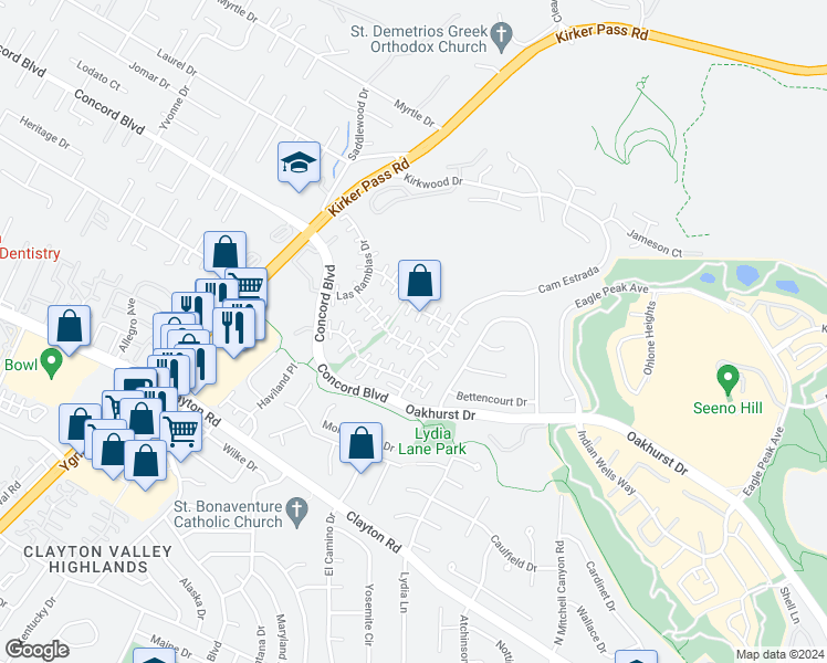 map of restaurants, bars, coffee shops, grocery stores, and more near 5537 Pamplona Court in Concord