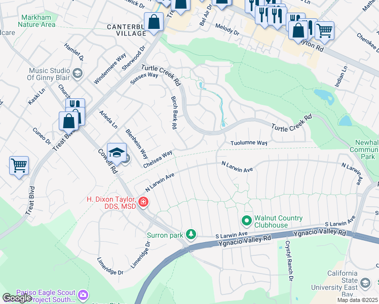 map of restaurants, bars, coffee shops, grocery stores, and more near 4393 North Prairie Willow Court in Concord