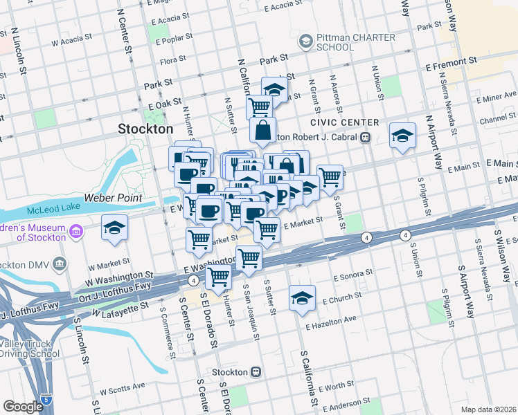 map of restaurants, bars, coffee shops, grocery stores, and more near 415 East Main Street in Stockton