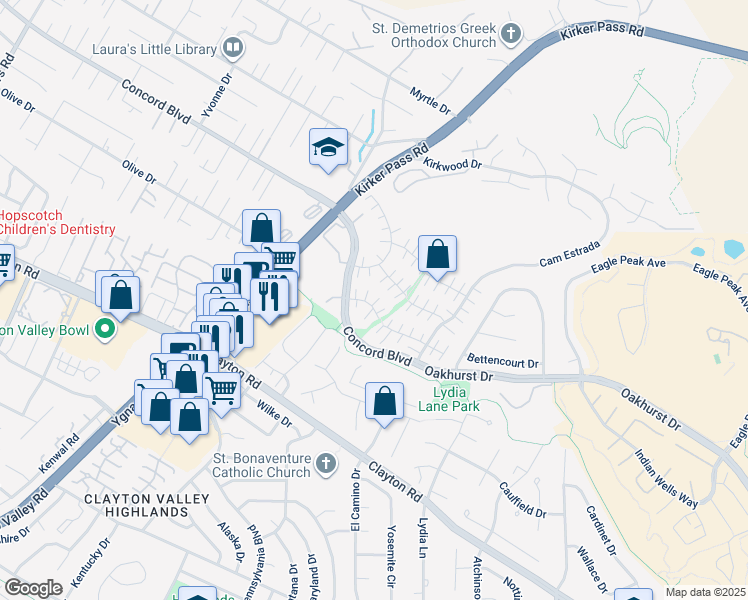 map of restaurants, bars, coffee shops, grocery stores, and more near 1821 Alicante Court in Concord