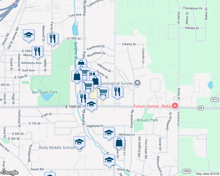 map of restaurants, bars, coffee shops, grocery stores, and more near 1101 McCutchen Road in Rolla