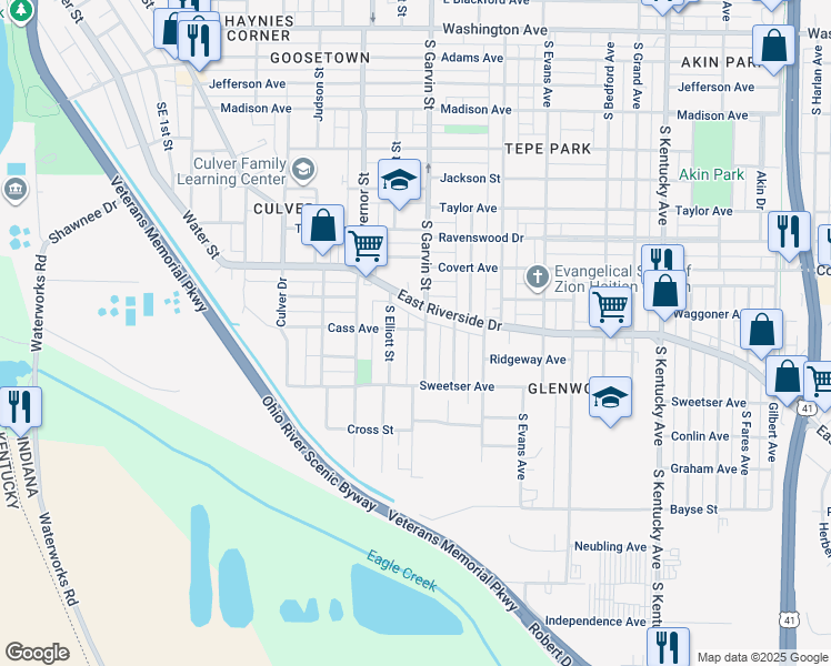 map of restaurants, bars, coffee shops, grocery stores, and more near 1722 S Elliott St in Evansville