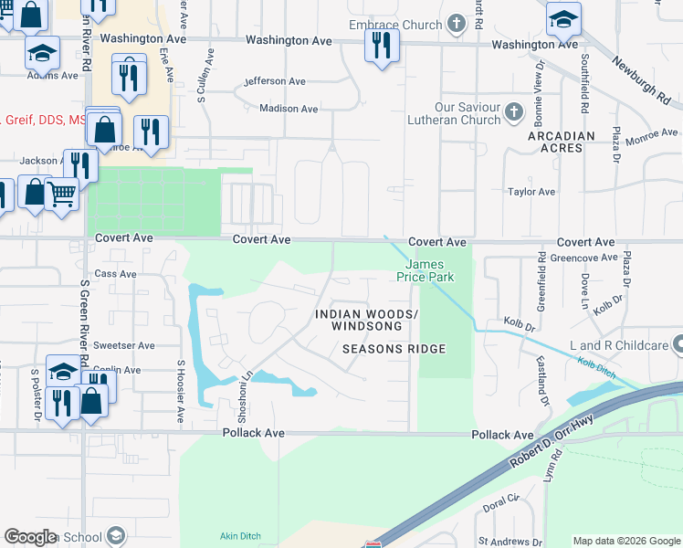 map of restaurants, bars, coffee shops, grocery stores, and more near 5808 Polo Run in Evansville