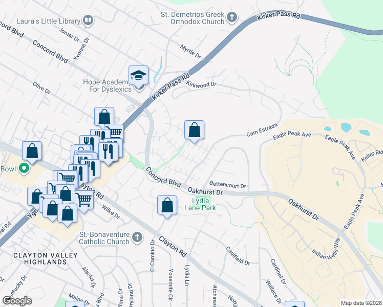 map of restaurants, bars, coffee shops, grocery stores, and more near 5537 Pamplona Court in Concord