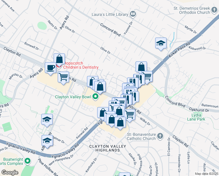 map of restaurants, bars, coffee shops, grocery stores, and more near 5320 Forte Lane in Concord