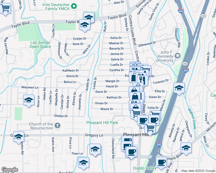 map of restaurants, bars, coffee shops, grocery stores, and more near Hazel Drive in Pleasant Hill