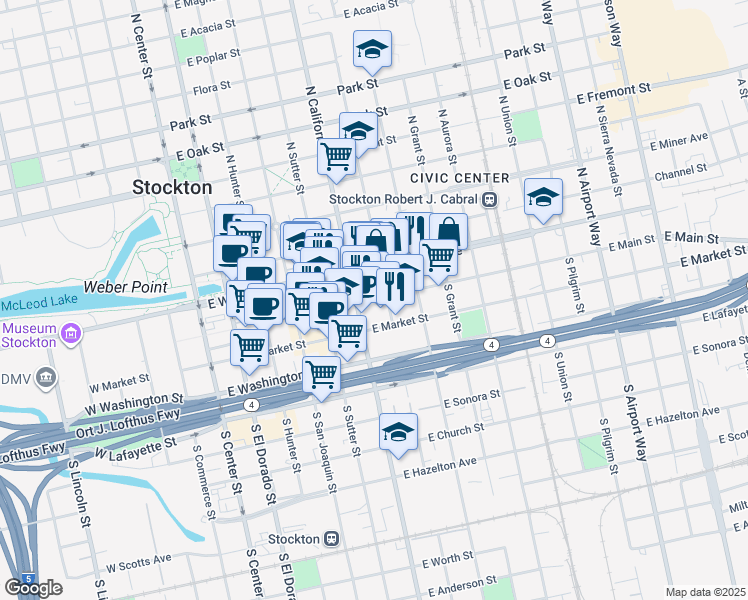 map of restaurants, bars, coffee shops, grocery stores, and more near 521 East Market Street in Stockton